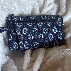Vera Bradley Navy Teardrop Print Wristlet with Coral Accents